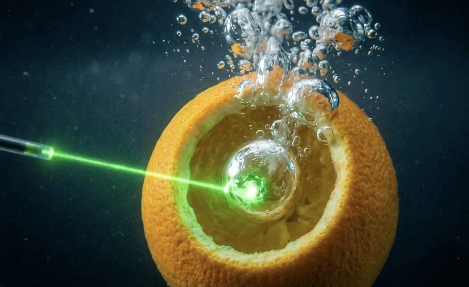Laser verde incidindo sobre uma laranja com formação de bolhas, ilustrando a fotovaporização GreenLight